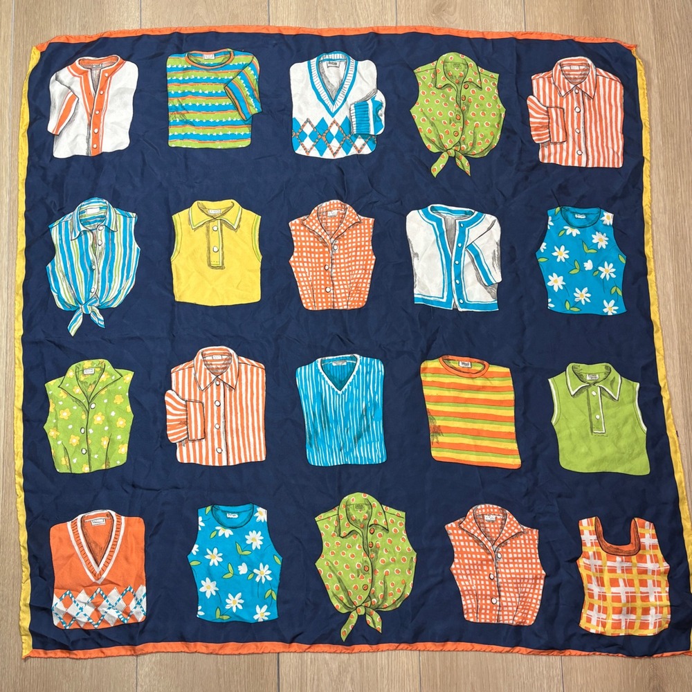 Vintage Large Silk Square Scarf Navy Blue Novelty Shirt Print Hand Rolled 35x35